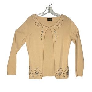 Marengo women embroiled tan long sleeve open front sweat size M cardigan